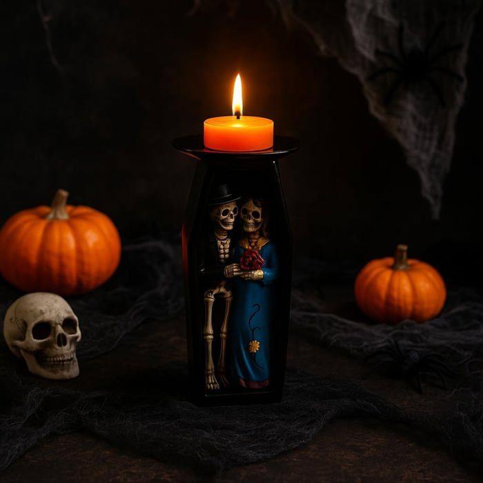 Grand Bougeoir Halloween 18cm en Forme de Cercueil avec Squelettes Couleur Aléatoire et 9 Bougies Chauffe Plats
