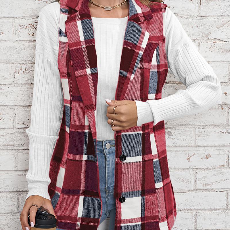 Fashion Lapel Suit Vest Plaid Jacket Plaid Sleeveless Vest Loose Large Size Female Elegant Style All-match Sleeveless Single-breasted Cardigan