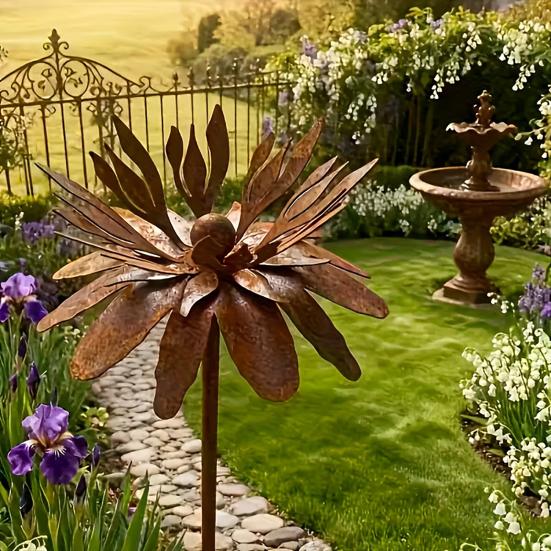 Rusty Outdoor Daisy Flower Metal Yard Stake, Rusted Iron Art Flower Garden Decoration, Weather-Resistant Garden Ornament for Lawn, Pathway, Patio, or