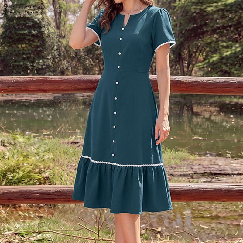 ZANZEA Women Elegant Casual Round Neck Solid Color Loose Short Sleeve Dress
