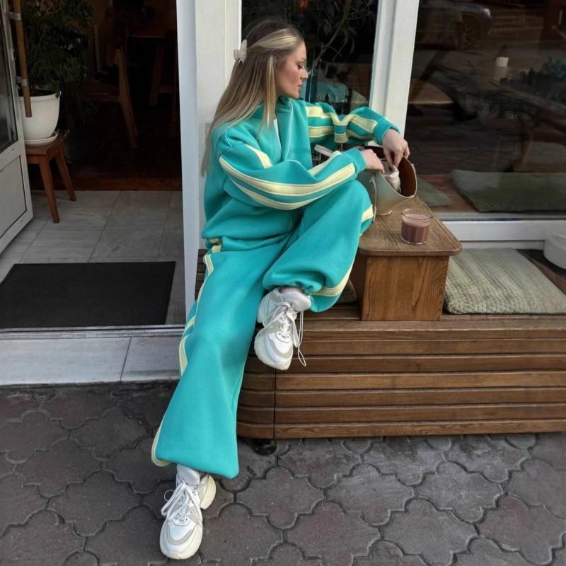 Casual Suit Women's Street Style Long-sleeved Color-matching Zipper Cardigan Elastic Trousers Two-piece Set