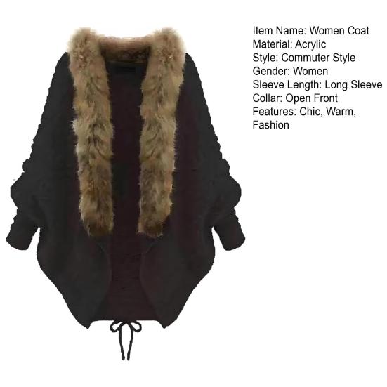 Damen Langarm Strickjacke Offen Vorne Zopfmuster Mantel mit Kunstfellkragen Winter Warm Oberbekleidung