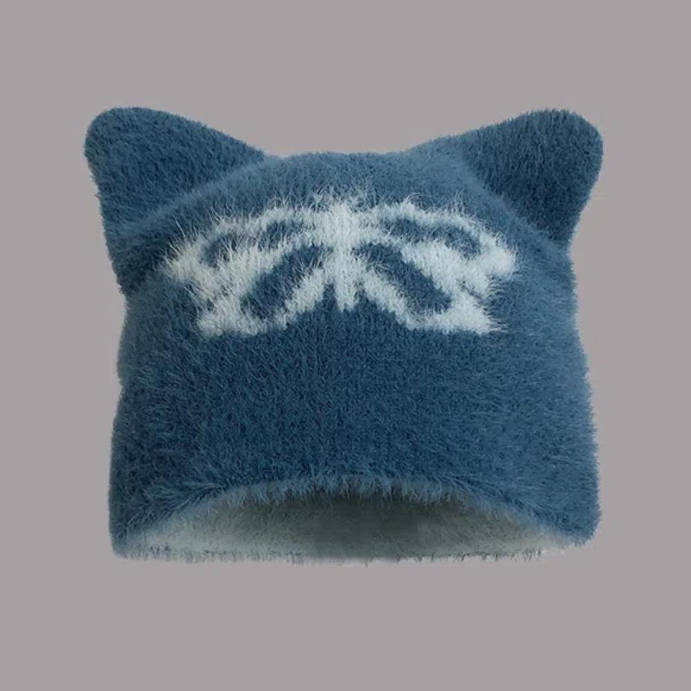 Korean Style Knitted Pullover Hat Butterfly Brimless Beanie Cap Versatile Cat Ear Woolen Hat Women