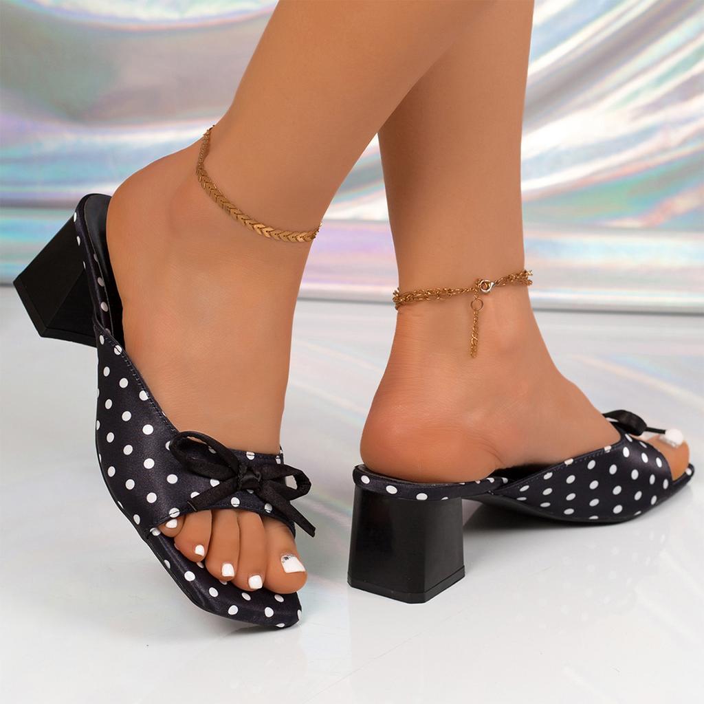French Polka Dot Bow, One Line Temperament, Coarse Heel, Cool Slippers