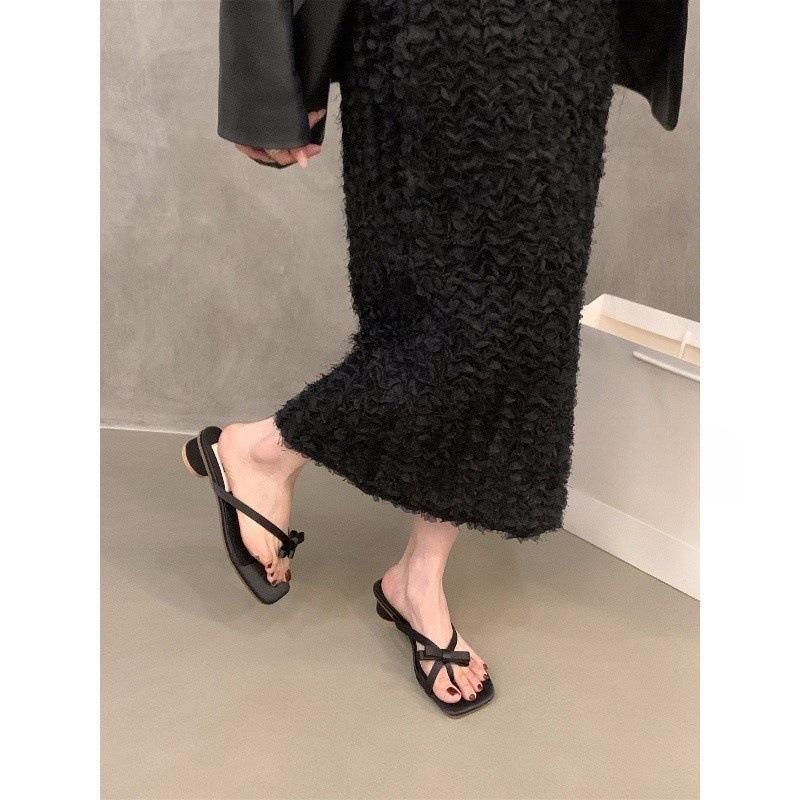 French small cool slippers women's shoes fashion wear 2025 summer thick heel versatile fairy with skirt cover toe sandals