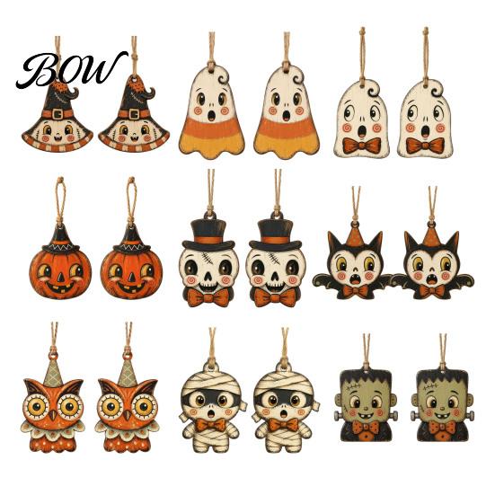 Mummy And Owl Hanging Ornaments Halloween Wooden Decor, Ghost Black Cat Pumpkin Ornament, Rustic Vintage Decorative Pendants Wall Decor Gift Tags for