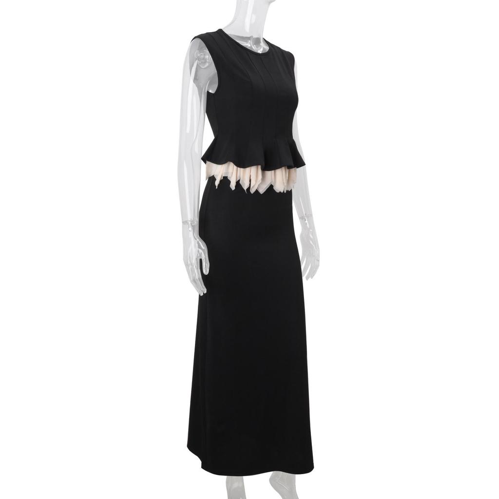 Jennie Kim Ji-soo Inspired Ruffled Sleeveless Top & Waist-Cinching Long Skirt Suit