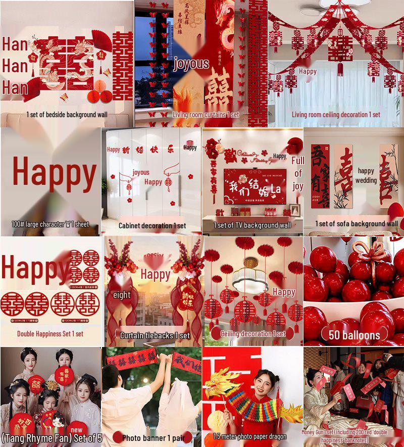 Complete Wedding Room Decoration Set: Bride & Groom's Bedroom with Double Happiness Theme