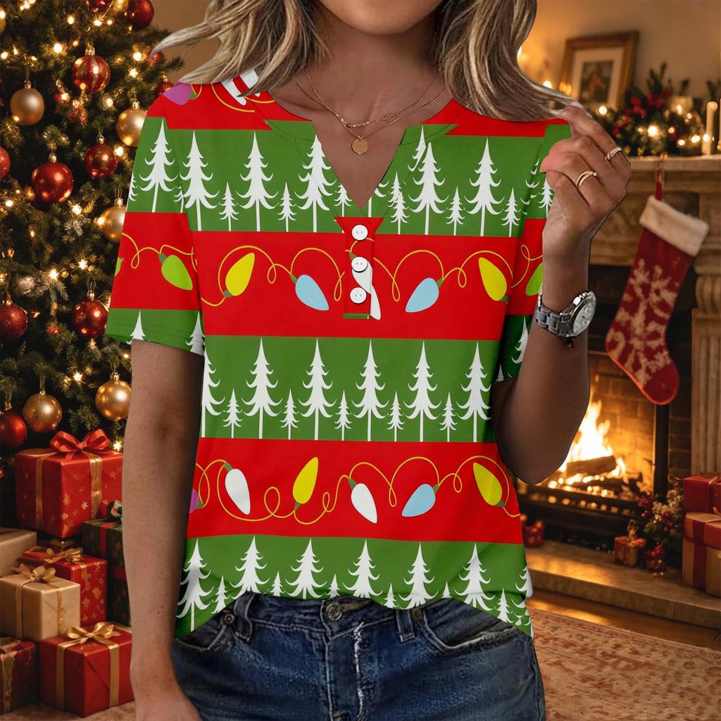 Women's Christmas Print V-Neck Short Sleeve T-Shirt with Decorative Buttons Casual Top