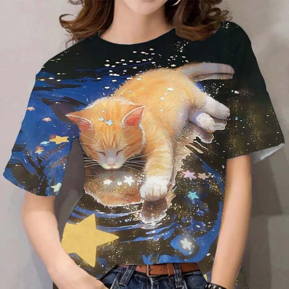Large Size 3d Printed T-shirt Cute Animal Round Neck Short-sleeved Funny Cat and Dog Pattern Summer Women's Top