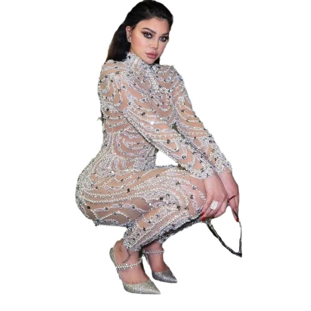 2025 neues Damenkleid schlank und dünn Perspektive Pailletten sexy Jumpsuit Hose