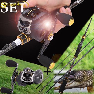 Baitcasting-Angelset Angelrute 4-teilig Kohlefaser Hinzufügen Baitcasting-Angelrolle 11+1BB 6.3:1