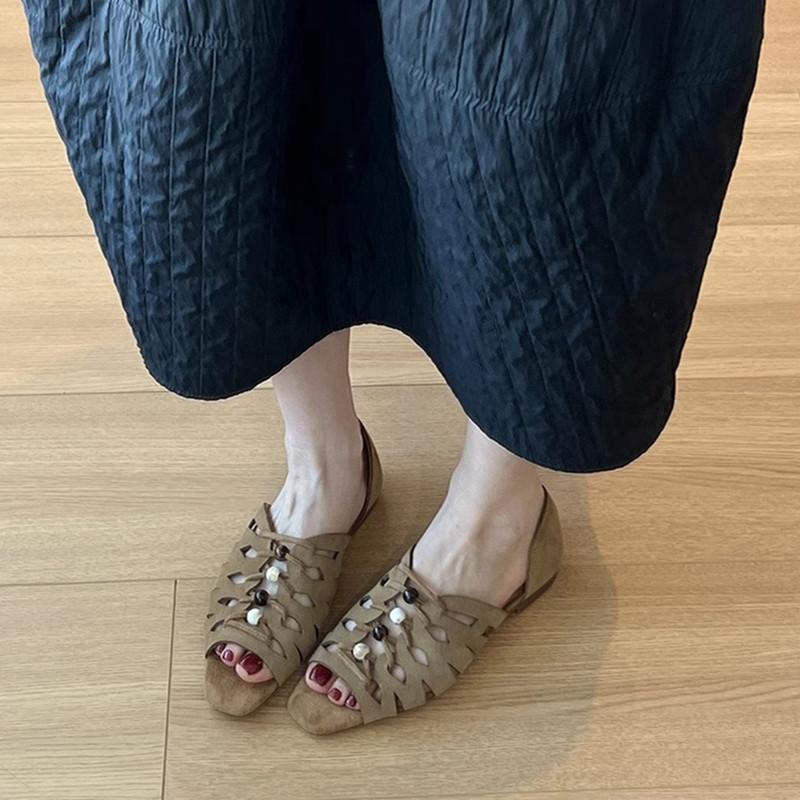 Fashion Fashion String Bead Decorative Hollow Out Flat Sandals Women Faux Suede Designer Shoes for Women Summer Casual Gladiator Sandals