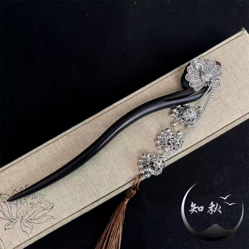 18cm Double-Sided Ancient Silver Tassel Hairpin, Vintage Hanfu Hair Stick for Women, Traditional Chinese Hair Accessory