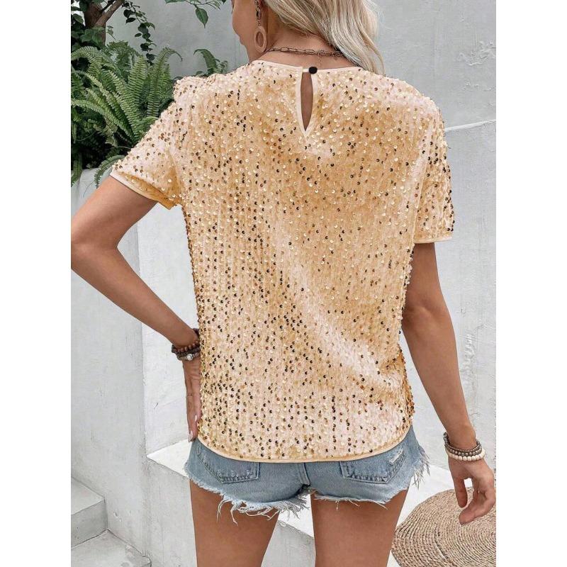 Women's New Commuter Loose Models Short-sleeved Package Neck Round Neck Top Sequin T-shirt