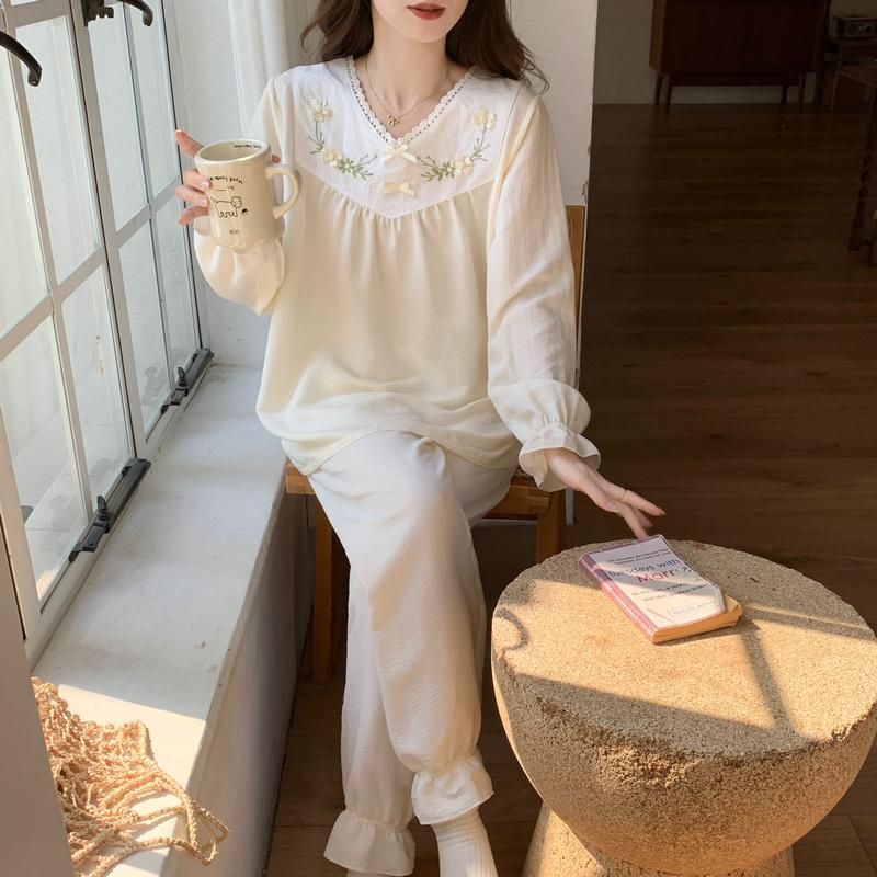 

Осенний комплект из двух предметов для женщин с V-образным вырезом, милая домашняя одежда, кружевной длинный рукав, пижамный комплект, брюки, повседневный женский розовый бант, милый пижамный комплект XL 60-65kg