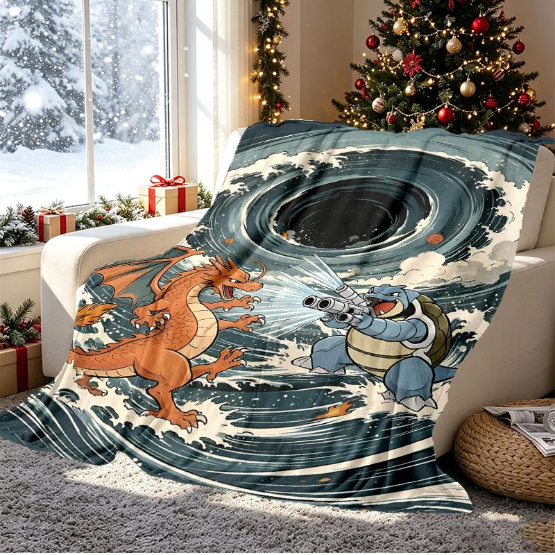 Charizard VS Blastoise Pattern Blanket for Home Decoration, Bed, Sofa, Car Travel, Camping, Suitable for All Seasons, Birthday Christmas Gift