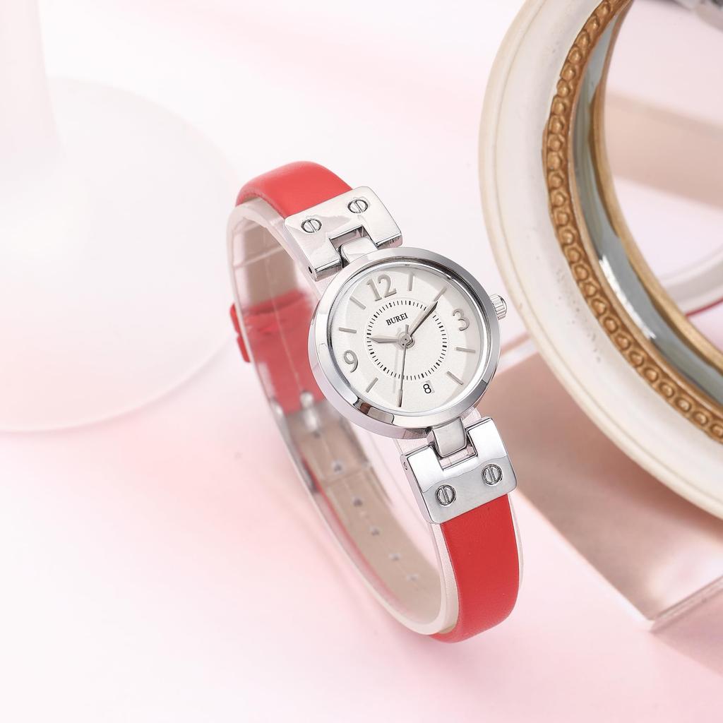 BUREI Analog Quarz Japanisch Gold Leder Geeignet für Geschenk Damen Uhr, Batterie, Wasserdicht, Zifferblatt, Leicht, Schlank, Niedlich, Modisch, Einfach,