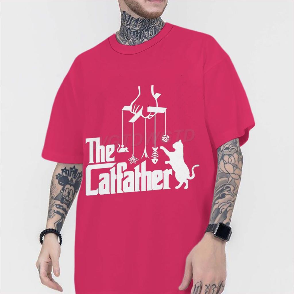 Vintage The Catfather Print T Shirt Men Fun Animal Cat Streetwear Short Sleeve Crewneck 100 Cotton Tshirts Fashion Kitten Tees
