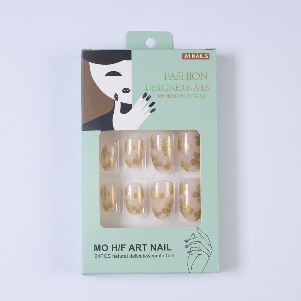 Nude Pink Gold Foil Small Flower Manicure Fake Nail Patches Sweet Short Oval Removable Wearable Nails