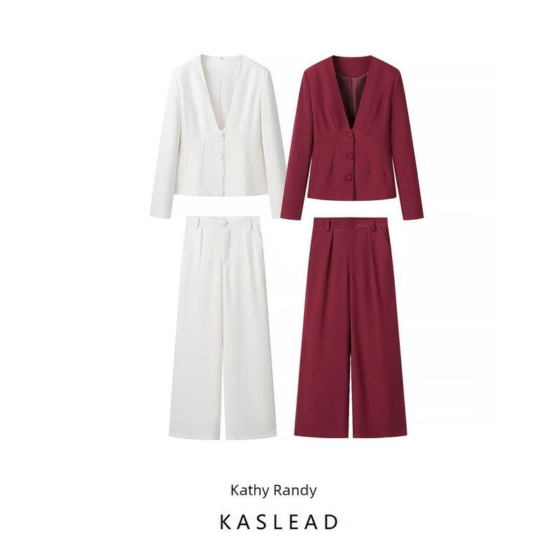 Kaslead New Arrival Women's Clothing Fashion Style Fashion Minimalist V-neck Suit Tops Casual Straight Pants Suit