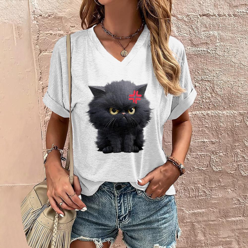 Summer Women's T Shirt Cat Print Casual Short Sleeve 3D T-Shirts Fashion Street Wear V-Neck Pullover Female Oversized Clothing