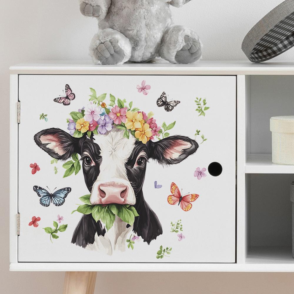 Cartoon Cows Flowers Butterflies Bedroom Living Room Entrance Hall Home Background Beautification Wall Stickers