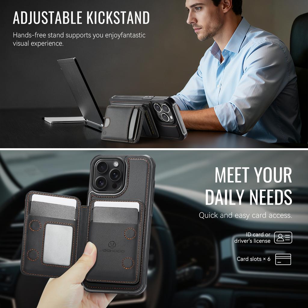 For iPhone 12 Pro 6.1 inch/iPhone 12 6.1 inch Case JEEHOOD J10 Compatible with MagSafe Leather Back Phone Cover with Detachable Card Holder Kickstand