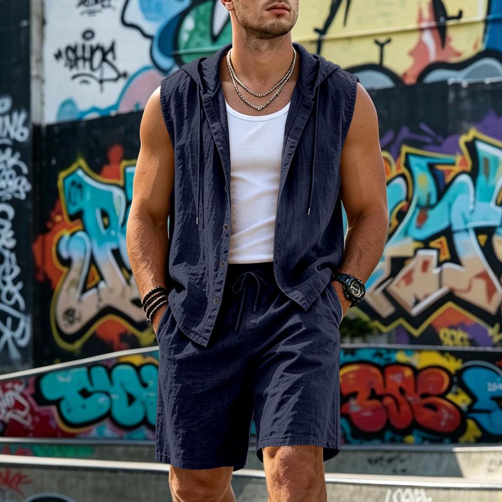 Men's Linen Summer Hooded Sleeveless Shirt & Shorts Set - Breathable Cotton Two-Piece