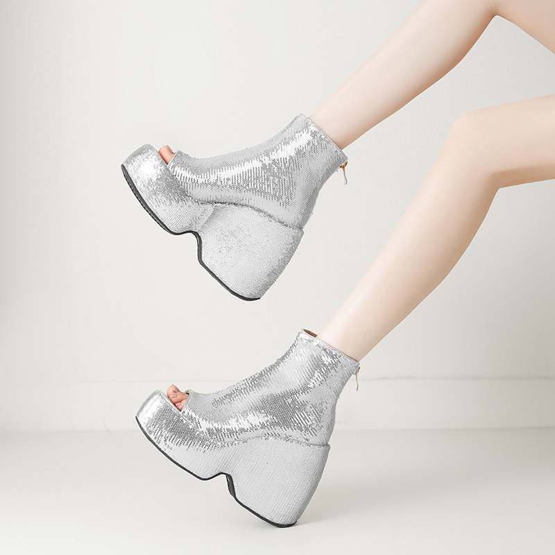 Krazing Pot Sequin Cloth Spring Summer Size 43 Size 42 Women Platform Women Peep Toe Toe Sexy Summer Boots Zipper Thick Bottom Pumps