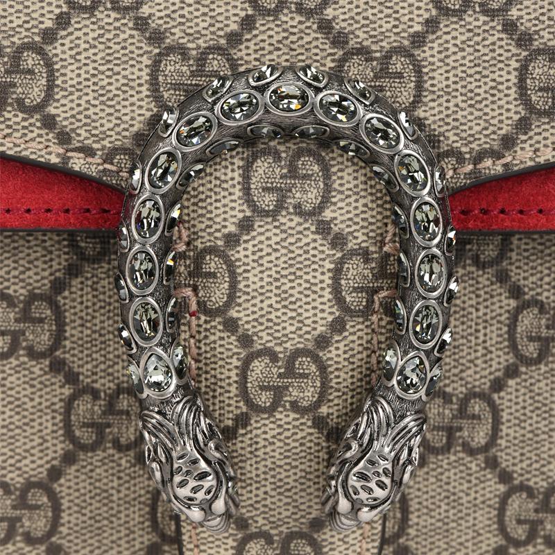 Gucci Dionysus Tigerkopf Nieten Doppel G Logo Aufdruck Leinwand und Leder Patchwork Muschel Tasche