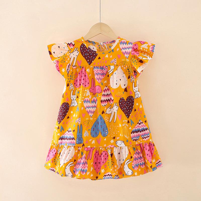 Oujitu Girls' Lace Sleeve Cotton A-line Skirt Dress with Cartoon Print - Spring Children's Clothing