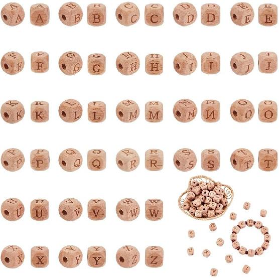 OLYCRAFT 1000pcs 8mm Alphabet Wooden Beads Random Letter Wooden Beads Square Wooden Loose Beads Natural Cube Wood Beads with Initial Letter for Capital - 26pcs