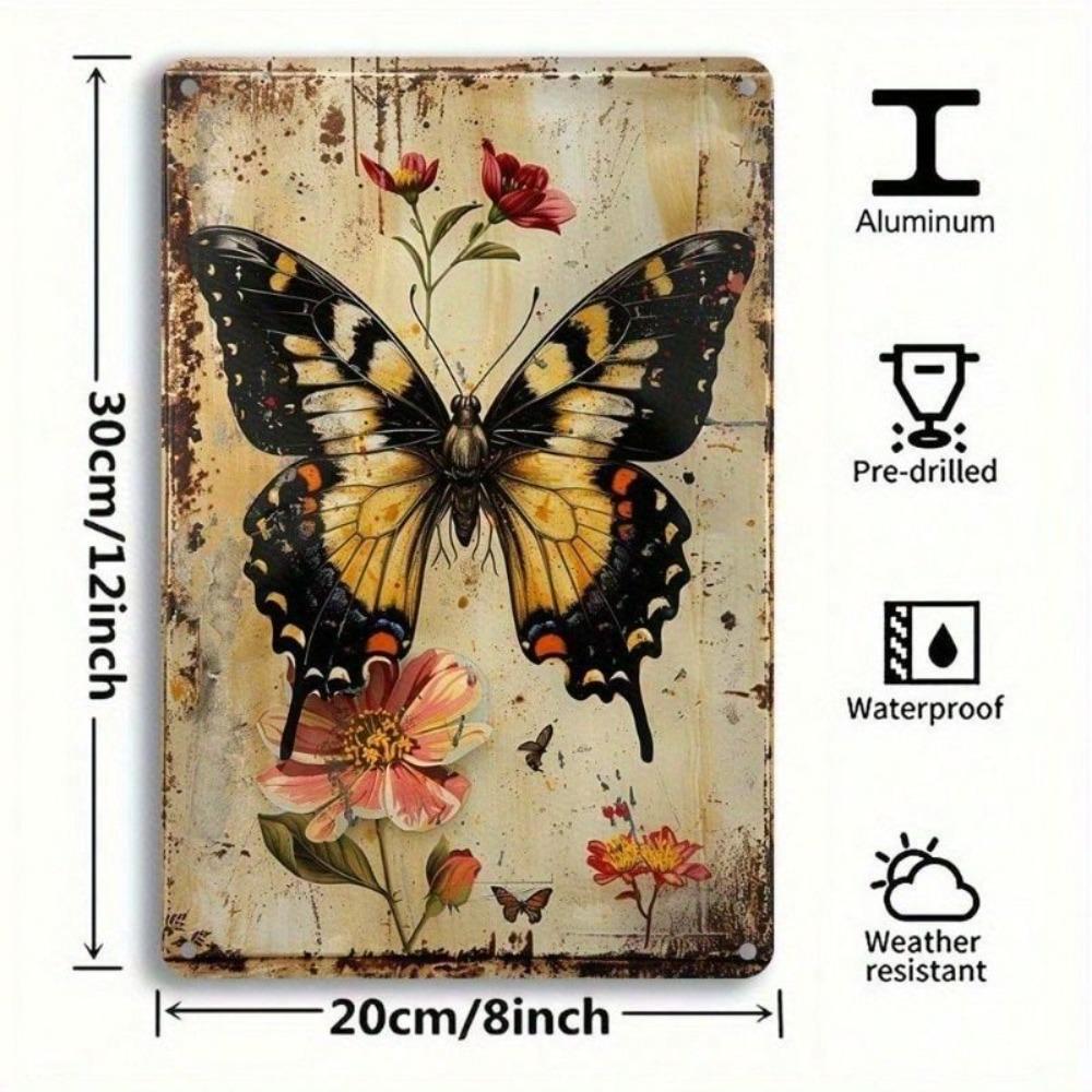 Butterfly Flower Vintage Metal Poster Wall Art 12x8 Inch Home Decor