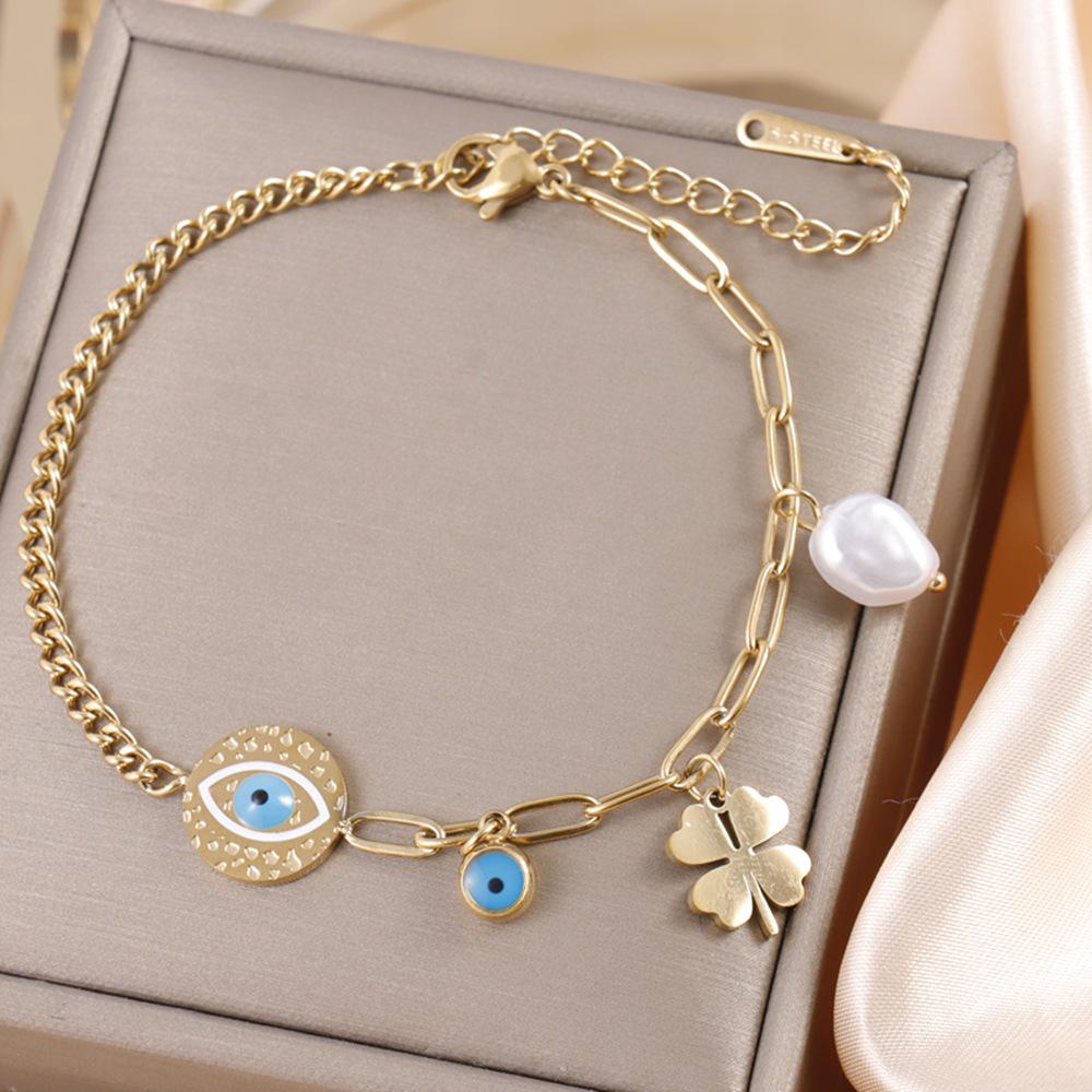 18K Gold Plated Double Layer Heart & Pearl Pendant Bracelet for Women