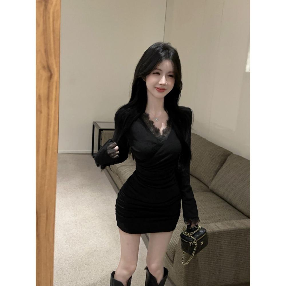 

Женские платья с V-образным вырезом, кружевное пэчворк, осень-зима, сексуальное мини-платье, однотонное, корейская мода, базовые, винтажные, Vestidos Mujer S