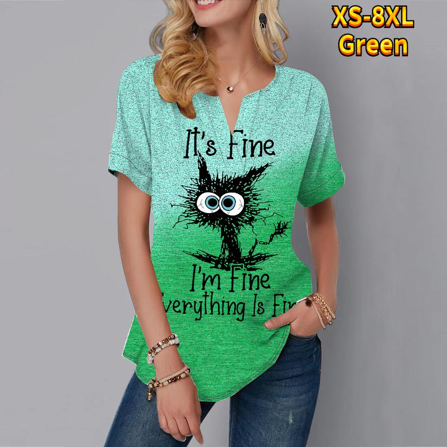 

Женская летняя футболка с принтом жареного кота, футболки с короткими рукавами, повседневные топы, маленький v-образный вырез с короткими рукавами 8XL зелёный