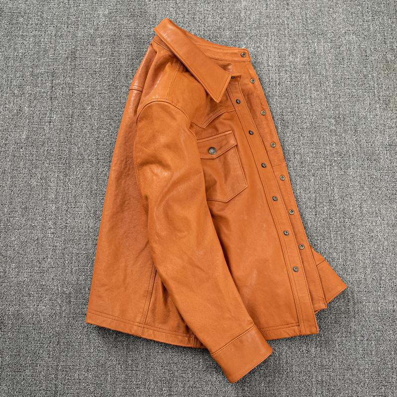 Pure Sheepskin Genuine Leather Jacket Men's Orange Woven Shirt Slim Short Shirt Leather Jacket