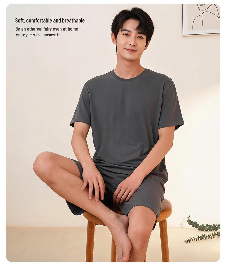 Men's Bamboo Fiber Pajama Set - Natural Antibacterial, Loose Short Sleeve Top & Shorts for Home or Outdoors, Spring/Summer.