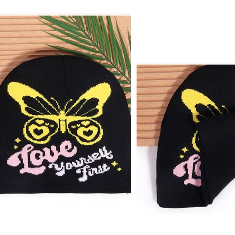 2000s Butterfly Pattern Knitted Hat Streetwear Design Breathable Acrylic Fibre Hat For Outdoor Music Festival Daily Use