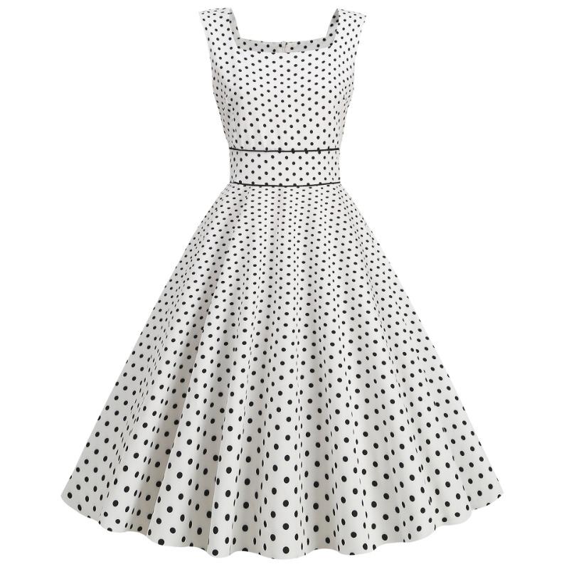 Retro Source SS Temperament Square Neck Vest Sleeveless Waist Polka Dot Swing Skirt