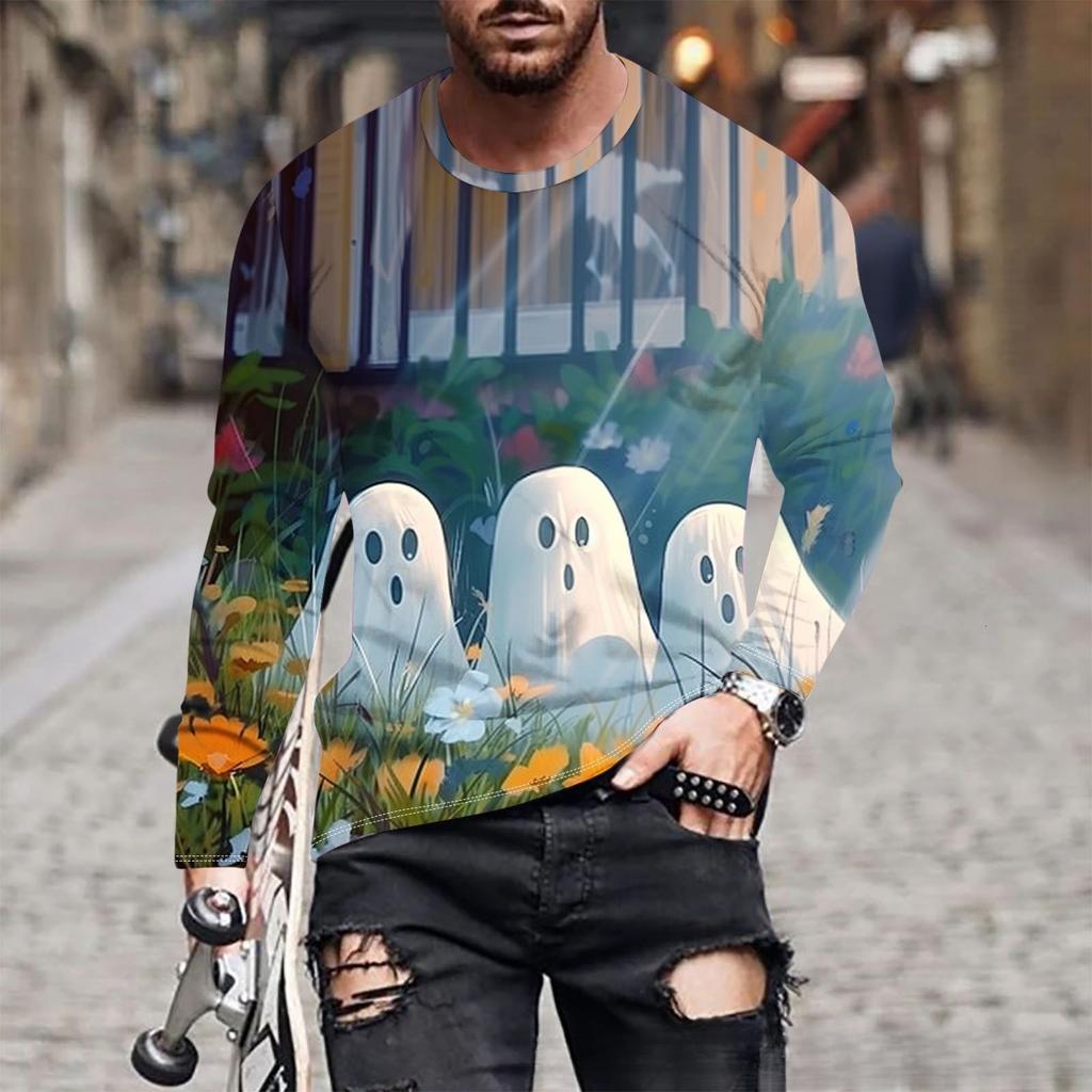 Ghost New Printed Men's Long Sleeved Round Neck T-shirt Autumn Winter Loose Comfortable Fashionable T-shirt