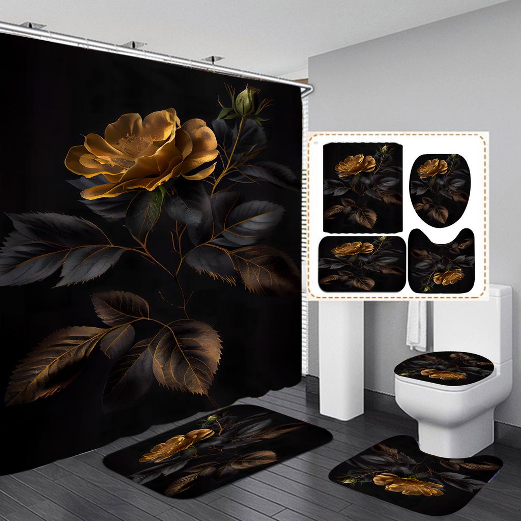 4Pcs Painted Floral Shower Curtain Set with Non-Slip Bath Mat, Toilet Lid Cover, Contour Rug & 12 Hooks, Bathroom Decor