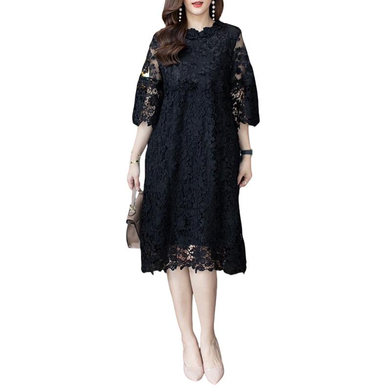 ZANZEA Women Round Neck 3/4 Sleeve Casual Elegant Lace Dress