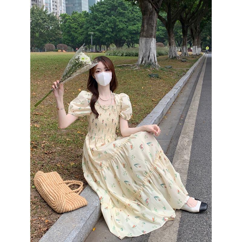 Korean Gentle Style Retro Short-sleeved Floral Skirt Summer New Sweet Temperament Bubble Sleeve Square Collar Waist Large Size Dress