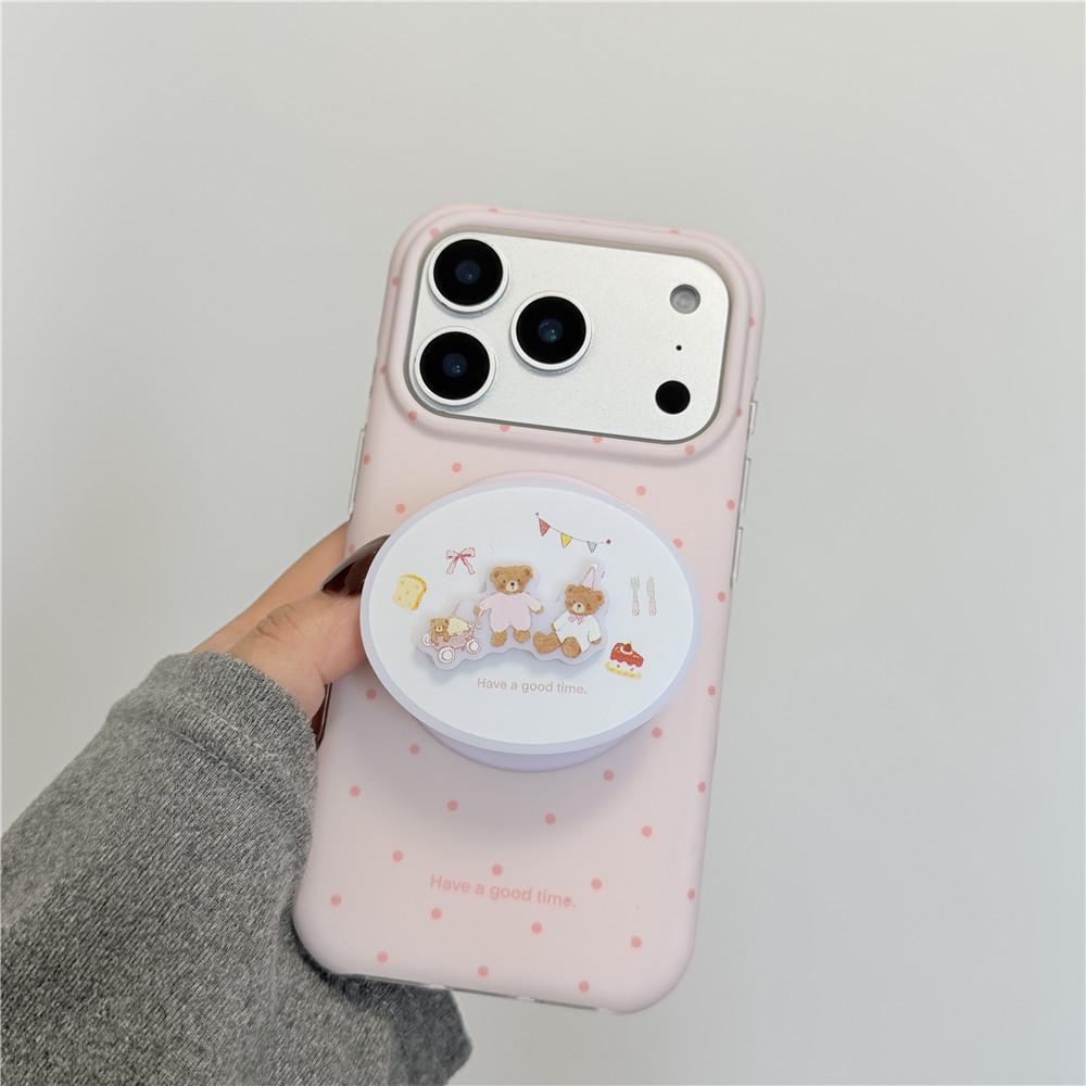 Korean-Style Pink Polka Dot iPhone Case: Drop-Proof, 16Pro Magnetic, 15PM Bear Stand, 14/13 Frosted
