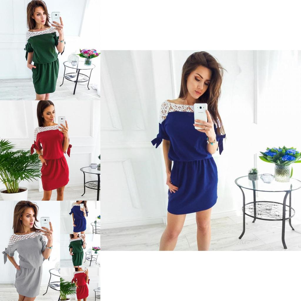 Elegant Women Vintage Dress Lace O-neck With Patchwork Hollow Out Short Sleeves