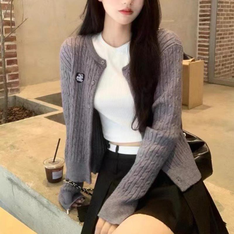 Korean College Style Round Neck Knit Cardigan Women Thin Sweater Spring Autumn Outerwear Short Top