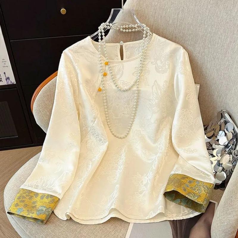 Осенняя новая женская рубашка с круглым вырезом из жаккарда в китайском стиле Новый топ в китайском стиле S