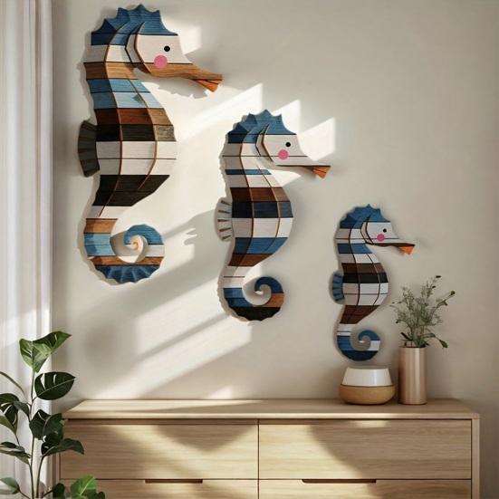 3 Pcs Wood Seahorse Wall Decor Ocean Coastal Theme Wall Art Vintage Sea Life Sculpture Hanging Decoration for Bathroom Bedroom Living Room Home Decor